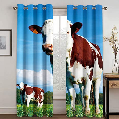 BOVZOX Vorhang Blickdicht Ösenschal 2 Stück x 140 B x 175cm H Gardinen Wohnzimmer Thermo Gardinen Blickdicht Kinder Vorhänge Schlafzimmer Dekoschals GardineGrünland & Tiere Kühe