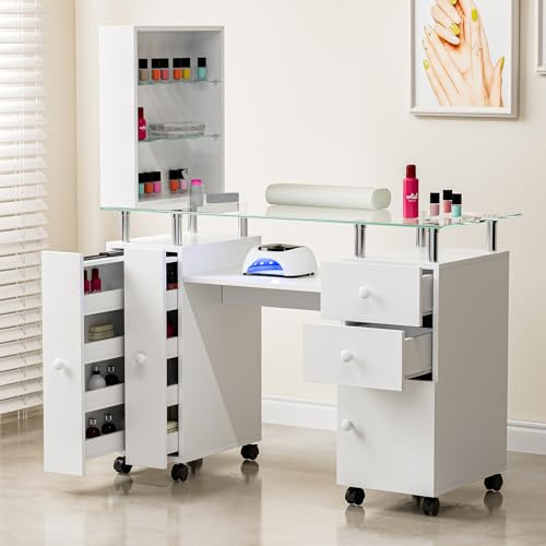 Paddie Manicure Table Nail Desk for Technician, Acetone Resistant Nail Tech Table Nail Table Station w/Glass Desktop, Wrist Cushion, 3-Tiers Shelves, Lockable Wheels & Cabinet (White)