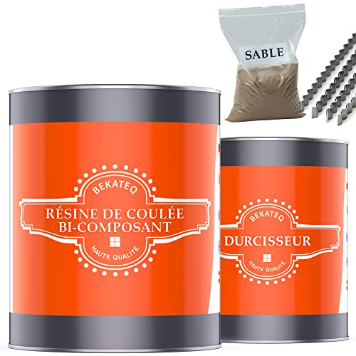BEKATEQ Kit de résine époxy bicomposant - Transparent incolore - BK-450EP Résine de coulée pour réparer sols en béton, bois, carrelage - Étanche, inodore, durable - 6kg Résine, 3kg Sable, 100 Agrafes
