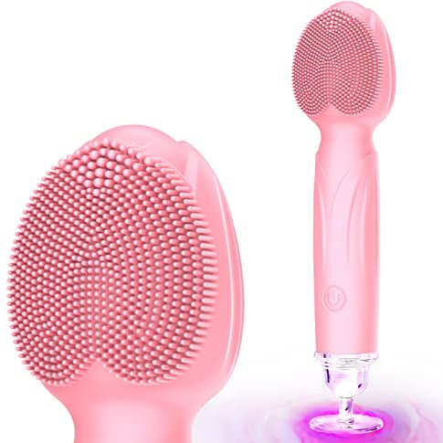 Sonic Facial Cleansing Brush, Face Scrubber Cleanser Brush, Waterproof Face Massager, Rechargeable Face Brushes for Cleansing & Exfoliating Electric Silicone Face Scrubber - Pink