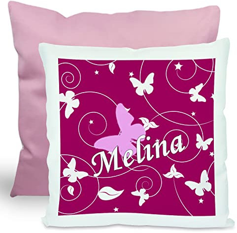 CreaDesign, Kinder Kissen 40x40 cm personalisiert mit Namen, Kinderzimmer Deko Kissen Kinder mit Füllung Federn, Motiv Schmetterling Brombeere, Rückenfarbe Rosa