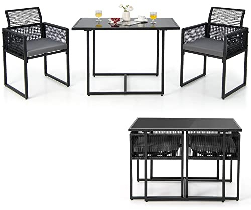 COSTWAY 3 Pieces Rattan Bistro Set, Outdoor Dining Set Garden Table and Chairs with Cushions, Folding Back and Tempered Glass Top, Space-Saving Patio Wicker Conservatory Set for Balcony Yard Poolside