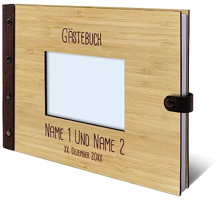 Personalisiertes Hochzeit Gästebuch echtes Holz DIN A4 mit Platz für Foto auf der ersten Seite - Rechteck - mit 72 Blatt / 144 Seiten Naturpapier Weiß