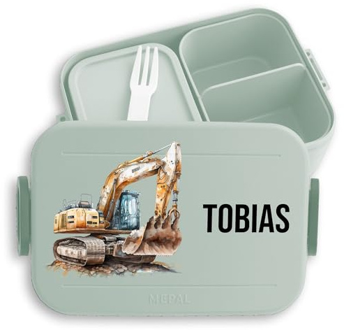 Kinder Bento Box Midi Lunchbox für Mepal Bentobox - Bagger Baufahrzeug Baustelle Baustellenfahrzeug - 900 ml - Sage Grün - baustellen brotdose personalisierte brotdosen baustellenfahrzeuge name