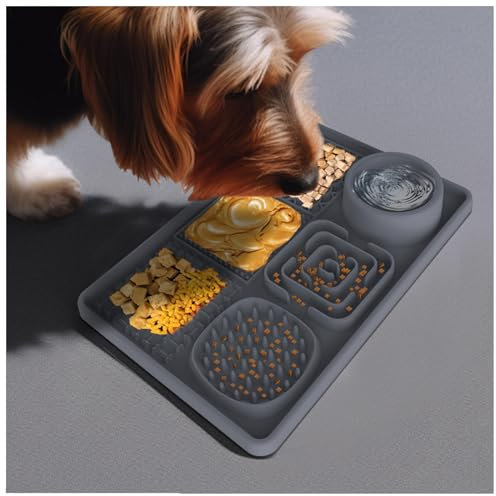 JUNZAI Slow Feeder Hund, mit superstarker Saugkraft,BPA-fre,Anti Rutsch, Silikon Schleckmatte Hund Anti Schling Napf Katzen, für Hundeleckerli und Katzenfutter,Langeweile Relief,Gray