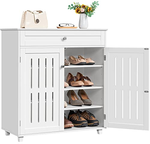 costoffs White Shoe Cabinet with Drawer, Modern Shoe Storage Cabinet Organizer with 2 Louvered Doors, Wooden 4-Tier Shoe Cupboard Shoe Rack with Adjustable Shelves for Entryway Hallway Bedroom Closet
