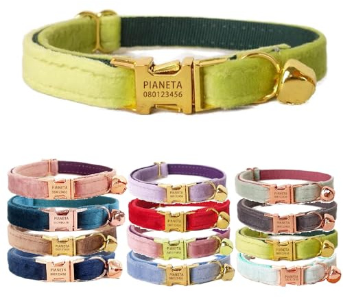 Personalisiertes Katzenhalsband mit Namensschild, verstellbares Samt Katzenhalsband mit Klingel, Haustier Halsband mit Name Telefonnummer Gravierte ID Tags, Moos grün, S (16cm-26cm)