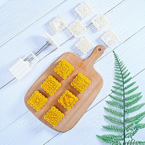 Mooncake Mould Press 50g mit 6 Briefmarken, Mondkuchenform Presse Keksstempeln Kuchenpresse Quadrat Blumen Dekoration Werkzeuge für Backen DIY Cookie, Kuchen, Keksen, Dessert, Weiß