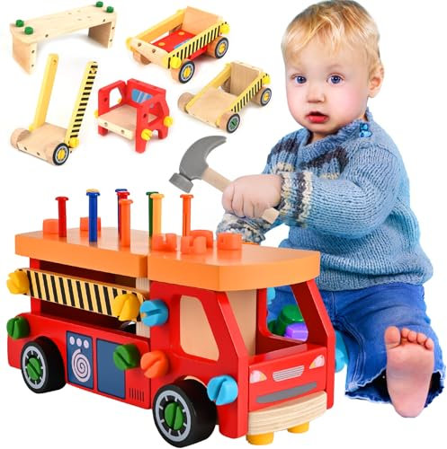 Wooderma Werkzeugkoffer Kinder Werkbank ab 3 Jahre, 62STK Montessori Spielzeug Werkzeugkasten, Kinderwerkzeug Holzspielzeug, Lernspiele Werkzeugwagen Kinder, Geschenke für Jungen Mädchen 3 4 5 Jahre