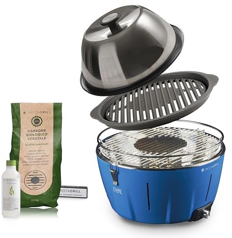 InstaGrill | Barbecue à charbon de bois avec couvercle et grille en fonte. Pour balcon, portable. Inclut batterie rechargeable, charbon et gel pour l'allumage. PRO Bleu Océan