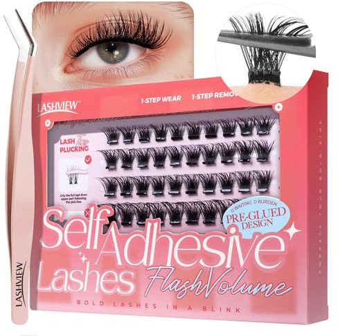 LASHVIEW Selbstklebende Wimpern, 3 Sekunden zum Aufsetzen, Super-Portabilität Einfach für Einsteiger. 24-Stunden-Halt, Ideal für Jeden Anlass 60 Stück 10-16 mm (Z04)