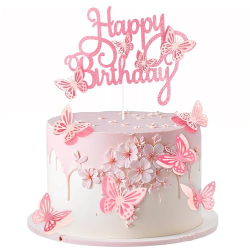 Gjinxi 13PC Pink Butterfly Cake Decorations, 3D Glitter Happy Birthday Cake Toppers, Butterfly Theme Cake Cupcake Toppers for Girls Women Birthday Decorations