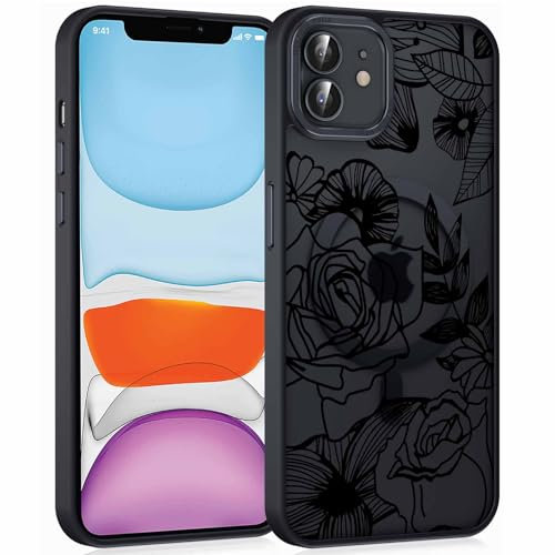 Phoona Cover per iPhone 12 Mini 5,4” Magnetica, Compatibile con MagSafe Nero Silicone Custodia Rosa Motivo Protettiva Antiurto Case Sottile Anti Ingiallimento Cover per Ragazze