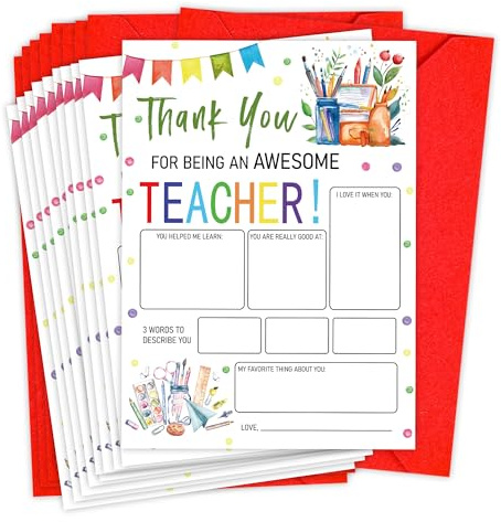 Pack of 10 Thank You Cards for Teachers, Appreciation Fill in the Blank Card with Envelope, Teacher Appreciation Week Gift, Educator Appreciation Coloring Cards, All About My Teacher -JSGXC05