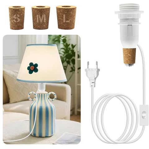 Adattatore da bottiglia E14, con cavo da 240 cm, interruttore, bianco. Adattatore per bottiglie, lampada con 3 tappi di sughero, lampada per bottiglie, accessorio, kit per paralume da tavolo fai-da-te