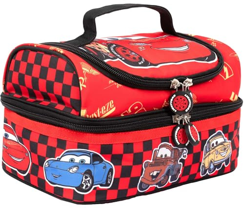 Disney Cars - Lonchera con múltiples compartimentos para niños, con aislamiento térmico, doble piso, para niños, diseño de Rayo McQueen, color rojo | Multicompartimento, escuela, aislamiento térmico, transportador de alimentos de dos pisos
