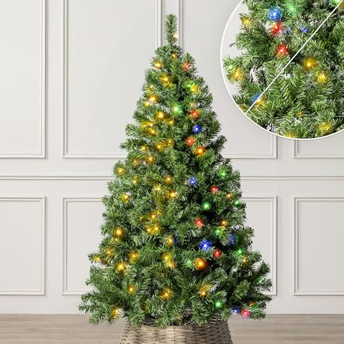Christow Pre-Lit Artificial Christmas Tree 5ft with Dual-Colour LED Lights (Switch from Warm White to Multi-Coloured, Aspen Spruce, Bushy PVC Tips, 11 Modes – Colour Changing, Timer, 97cm Diameter