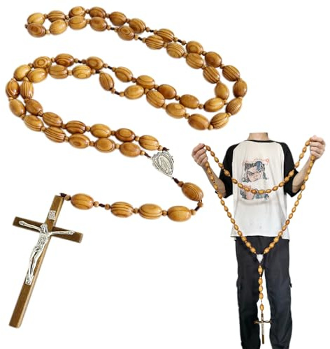 Large Wooden Wall Rosary, 56 Inch Catholic Big Prayer Beads, Miraculous Medal Cross Crucifix, Catholic Rosaries Home Decor -Catholic Gifts