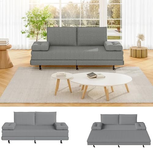 Yeutre Sofá Convertible de 2 plazas, sofá cama plegable para 2 personas con colchón, respaldo y reposabrazos, sofá plegable para salón, dormitorio, estudio, apartamento, tela de lino (gris)