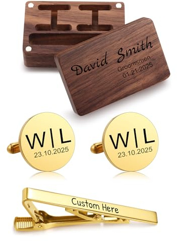 Munkimix Set di Gemelli e Fermacravatta con Iniziali Personalizzate con Scatola di Legno Incisa Set di Gemelli da Matrimonio in Argento/Oro Personalizzati per Marito Testimone Padre -C2