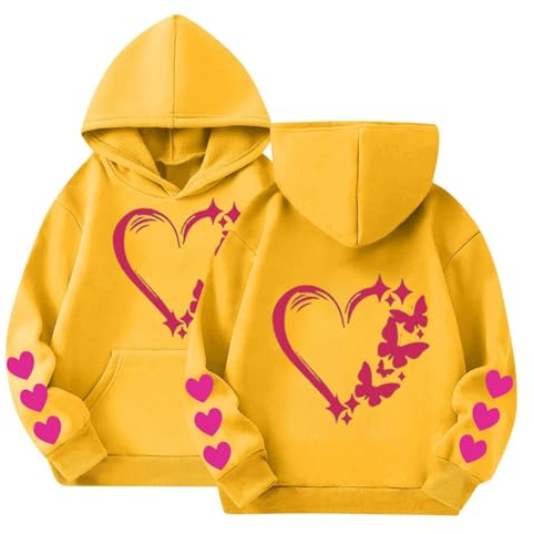Mjjsk Flickor Hjärtan Grafisk Huvtröjor Snygg Långärmad Pullover Tröjor Mode Casual Skola Huvtröja Komfort Mjuka Huvtröjor Toppar, gUL, 4-5 Years