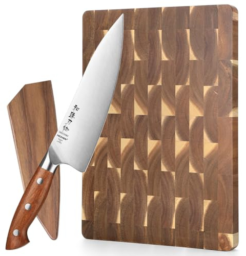 HEZHEN Kochmesser German DIN 1.4116 Stahl, Scharfe Messerklinge Chefmesser, Profi Küchenmesser mit Holzmesserscheide mit Akazienholz Schneidebrett, Hirnholz Hackbretter