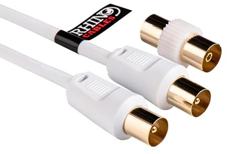 rhinocables Coaxial TV Aerial Cable with Gold-Plated Connectors | Male to Male RF Coax Lead with Female Adapter | Universally Compatible Fly Lead for HD/Standard TVs & Satellite Receivers (10m,White)