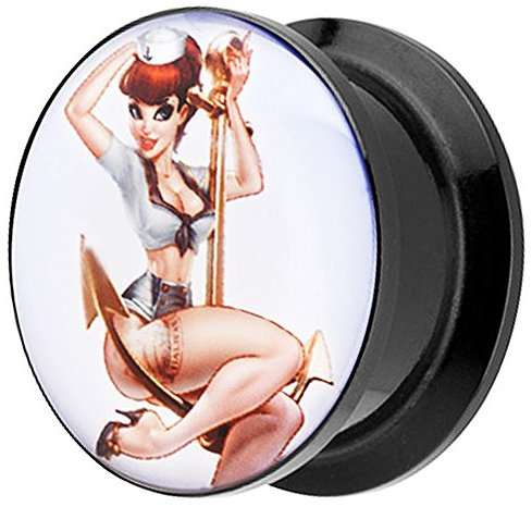 Piersando Ohr Plug Piercing Kunststoff Motiv Comic Picture Flesh Tunnel Ohrplug mit Matrosen Mädchen Anker Schwarz 22mm