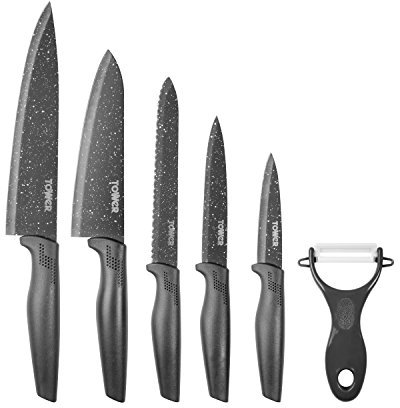 Tower T81522G Kitchen Knife Set, Stone-Coated with Non Stick Coated Stainless Steel Blades, Grey, 6-Piece Knife Set, 9 cm