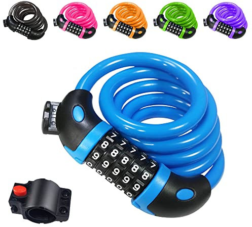 REHKITTZ Fahrradschloss，120cm/12mm Kabelschloss Sicherheitsstufe Sehr Hoch mit 5-Stellig Zahlencode Zahlenschloss Fahrradhalterung Fahrradschloß Zahlen für Fahrrad Tricycle Scooter Bike Lock