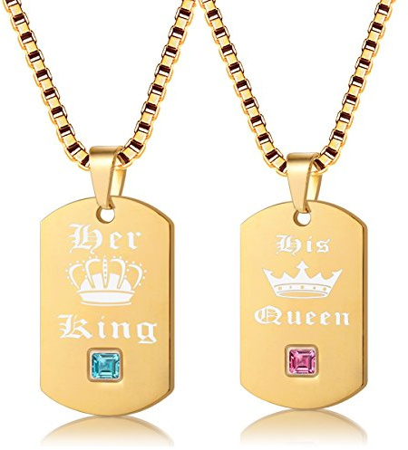 Uloveido Titanium Edelstahl Paare Quadrat Anhänger Halskette - Seine Königin und Ihr König Hundemarke Halskette graviert American & Weltkarte SN115 (Black & Gold)