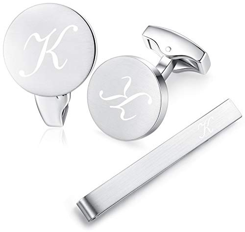 HONEY BEAR Manschettenknöpfe Krawattennadel Set Initialen Buchstabe Herren Edelstahl Hochzeit Cufflinks Manschettenknopf Silber (K Set)