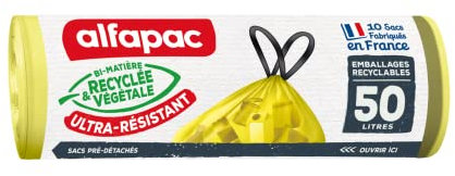 alfapac - Sacs Poubelle à Lien Coulissant - Ultra-Résistant - Tri des Emballages Recyclables (Hors Verre) - 76% Recyclé et 15% Végétal - Fabrication Française - 10 x 50L, Vert