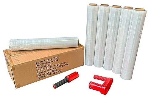 Kortpack - 6 Rollen + Abroller Stretchfolie 23my 500mm x 125 meter - 1,5 Kg Palettenfoliee Wickelfolie (6rollen transparent + 1 Abroller)
