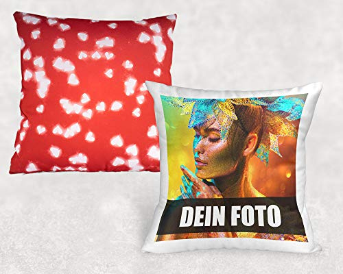 Fotokissen personalisiert Rückseite Herzhintergrund mit Füllung Foto Couch | 40 x 40 cm komplettes Fotokissen mit Bezug Füllkissen Foto Name Wunschtext Reißverschluss für Sofa Bett Geschenk