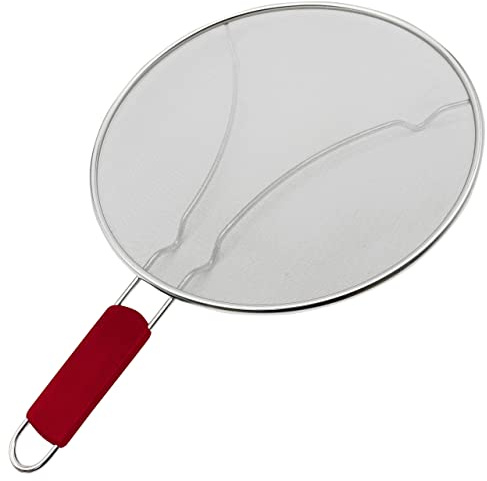MAKREL® Premium Stainless Steel Splatter Screen Guard Extra Fine Mesh Frying Pan Cover with Heat Resistant Handle. Protect from Hot Oil & Grease Splash When Cooking and Frying (Red Handle, 33cm)