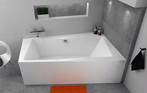 ECOLAM Badewanne Infinity Trapezwanne Eckwanne für Zwei mit Abfluss mittig 170x110 cm RECHTS + Schürze aus Acryl + Ab- und Überlauf Automatik Füße Silikon Komplett-Set