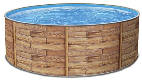 Paradies Pool Print Nature 17 Komplettset 2 rund, 400x120cm (Ø x H), Stahlwandpool Holzoptik, Poolfolie in blau 0,8mm, Handlauf grau, inkl. Skimmer Set Leiter Pumpe Sandfilter, Swimmingpool