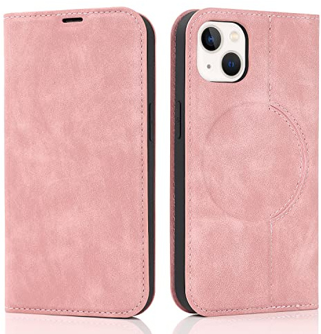 QLTYPRI Hülle für iPhone 13 Kompatibel mit MagSafe, Ledertasche Handyhülle [RFID Schutz] Flip Case mit Kartenhalter Ständer Magnet Klapphülle für iPhone 13 - Roségold