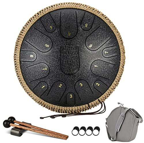Tongue Drum 15 Noten 14 Zoll, Zungentrommel, Trommel Stahl Handpan Schlagzeug Instrument Schlaginstrument Mit Schlägel Tragetasche Steel Drum Für Zen Meditation Yoga Musikausbildung,Schwarz