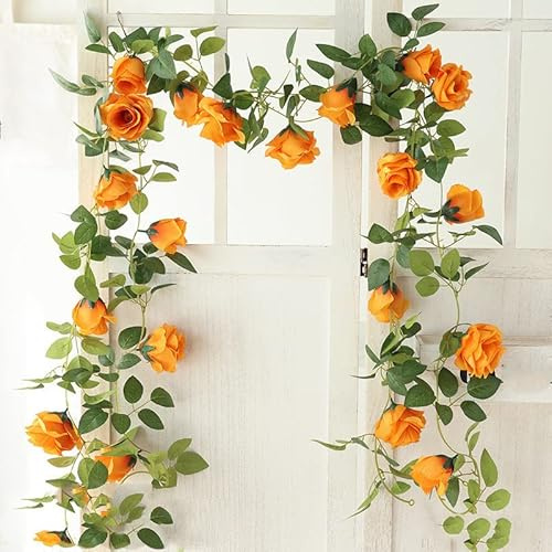 PTNKUIIY Künstliche Blume Girlanden,4 x 2,25m Gefälschte Rose Blumen Künstlich Seidenblumen Blumengirlande Rosenranken Hängende Kunstblumen Deko Pflanzen für Zuhause Wand Hochzeit Bogen Dekor,Gelb