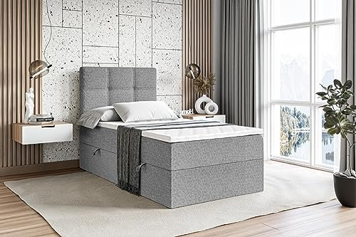 ALTDECOR Boxspringbett mit Matratze und Lattenrost, Boxbett, Topper, Polsterbett mit Bettkasten, Bett mit Stauraum H4-Matratze, Doppelbett, Springboxbett - Marce - Links Öffnung,90x200 - Grau