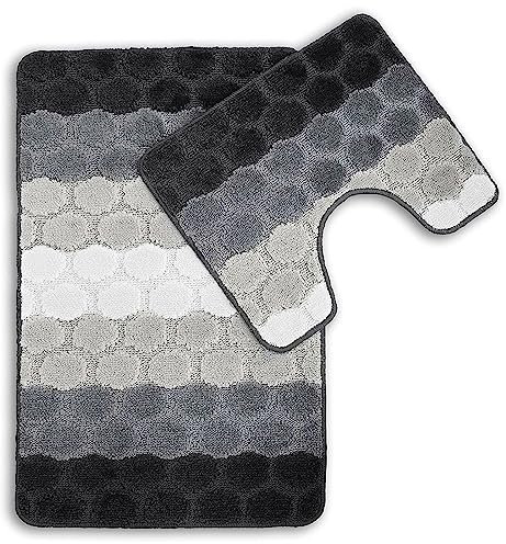 Sue Rossi 2pc Bath Mat Set Non Slip, Bath & Pedestal Mats, Hex Stripe Design For Bathroom Toilet, 2 Piece, Soft, Absorbent And Slip Resistant (Grey)