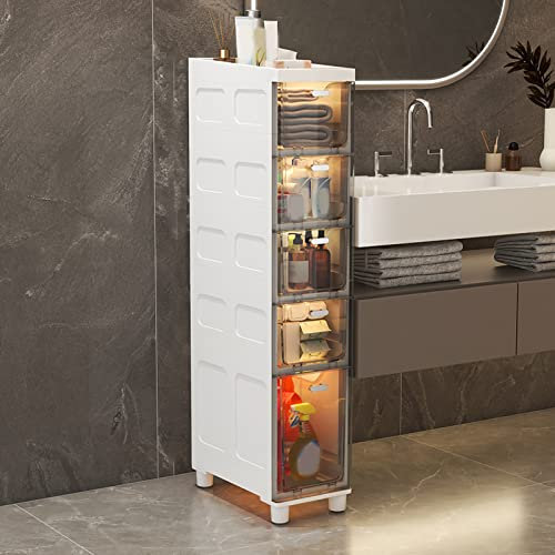BUJOG Kleiner Badezimmer-Bodenschrank, 4 Ebenen, schmaler Toilettenschrank, freistehender Aufbewahrungsschrank mit Kunststoffschubladen und Rollen, schmaler Kommodenturm für kleine Räume und Lücke
