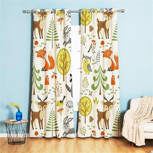 Koudi Blickdichte Vorhänge Kinderzimmer Tiere Hase Fuchs Bäume Muster Gardinen mit Ösen für Mädchenzimmer, Kinderzimmer, Babyzimmer 160 × 70cm (H × B)