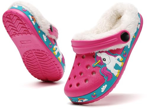 Sabots Enfant Hiver Sabots Garçons Filles Pantoufles Fourrure Doublée Pantoufles Mules Chaussures de Jardin Chaud Pantoufles Peluche Chaussons de Maison AntidérapageChaussures Rose 27