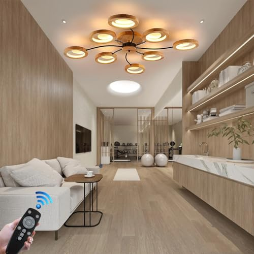 LED Deckenleuchte Holz Dimmbar Rund Deckenlampe Schlafzimmer mit Fernbedienung Bürodeckenleuchten Holzlampe Moderne Metall Blumendesign Schlafzimmerlampe Decke für Büro Küche Beleuchtung ( Size : 8 he