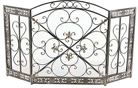 3-teiliger Funkenschutz, Kaminschutzgitter aus Eisen, Sicherheits-Kaminschutz aus Metallgeflecht für Holz, dekoratives Schnörkeldesign, Höhe 79 cm The New