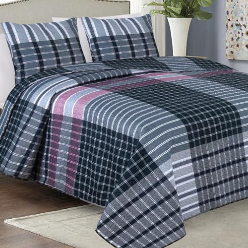 Euromat Tagesdecke Steppdecke Bettüberwurf Gesteppte Tagesdecke mit 2 Kissenbezüge 40x40 cm- (Grau Schwarz Kariert- SY-6766, 220x240 cm)