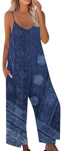 Azruma Loungewear Damen Set, Schutzanzug Einweg Overall Damen Sommer Frauen Casual Blumenmuster Ärmelloser Jumpsuit Mit Taschen Western Outfit Damen Jumpsuit Damen Schwarz(4-Royal Blue,L)
